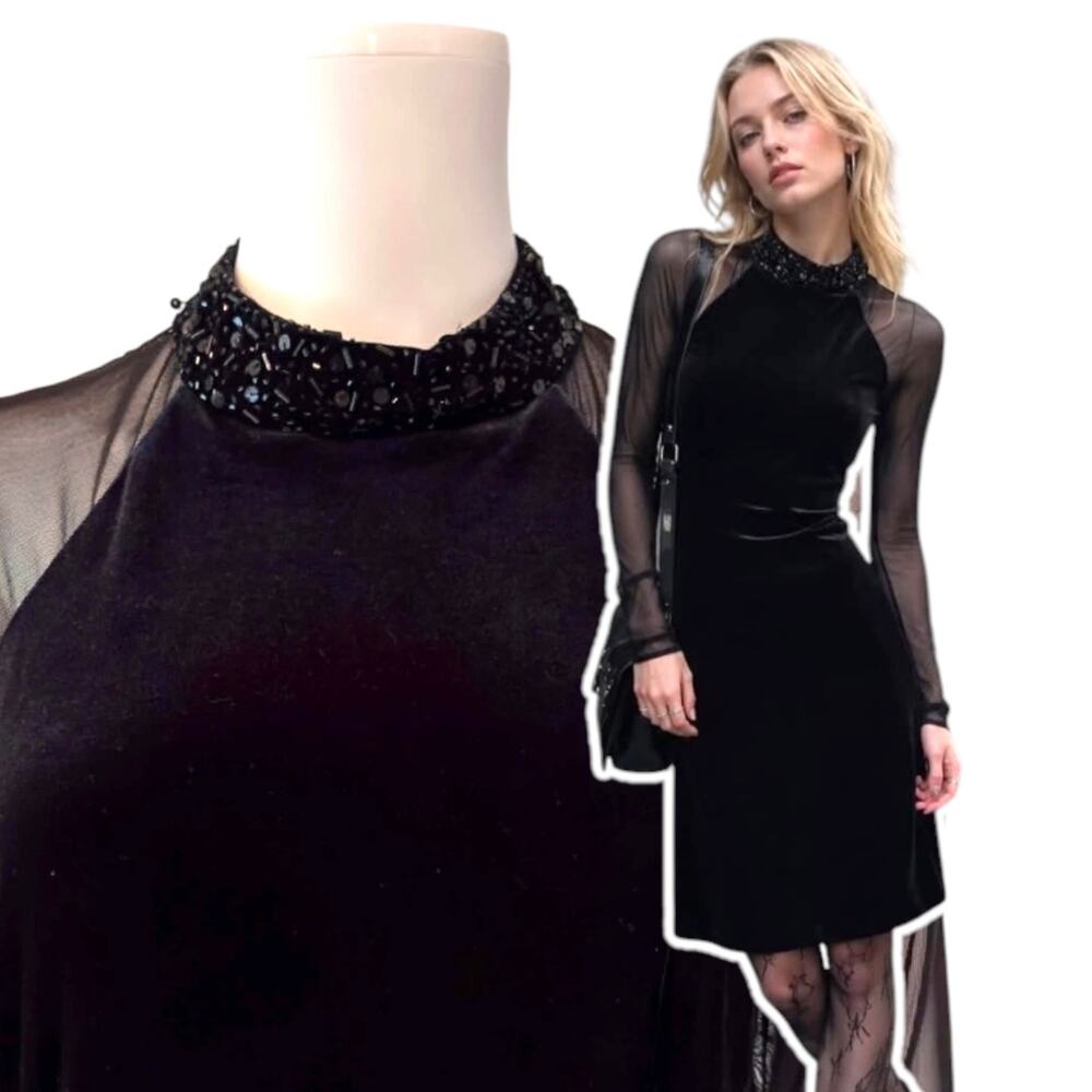 Whimsigoth HoCo Black Velvet Mini Dress Sheer Mesh Beaded Collar Size 10 Formal